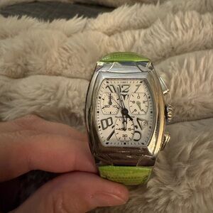 Rare Vintage TechnoMarine White Dial Sq Chronograph Watch w Lizard Green band